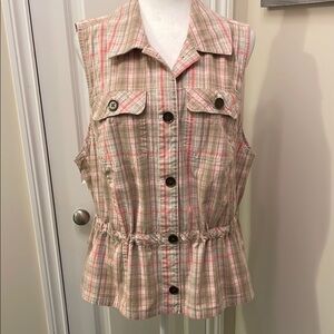 CJ Banks Tan and Pink Sleeveless Peplum Button Down